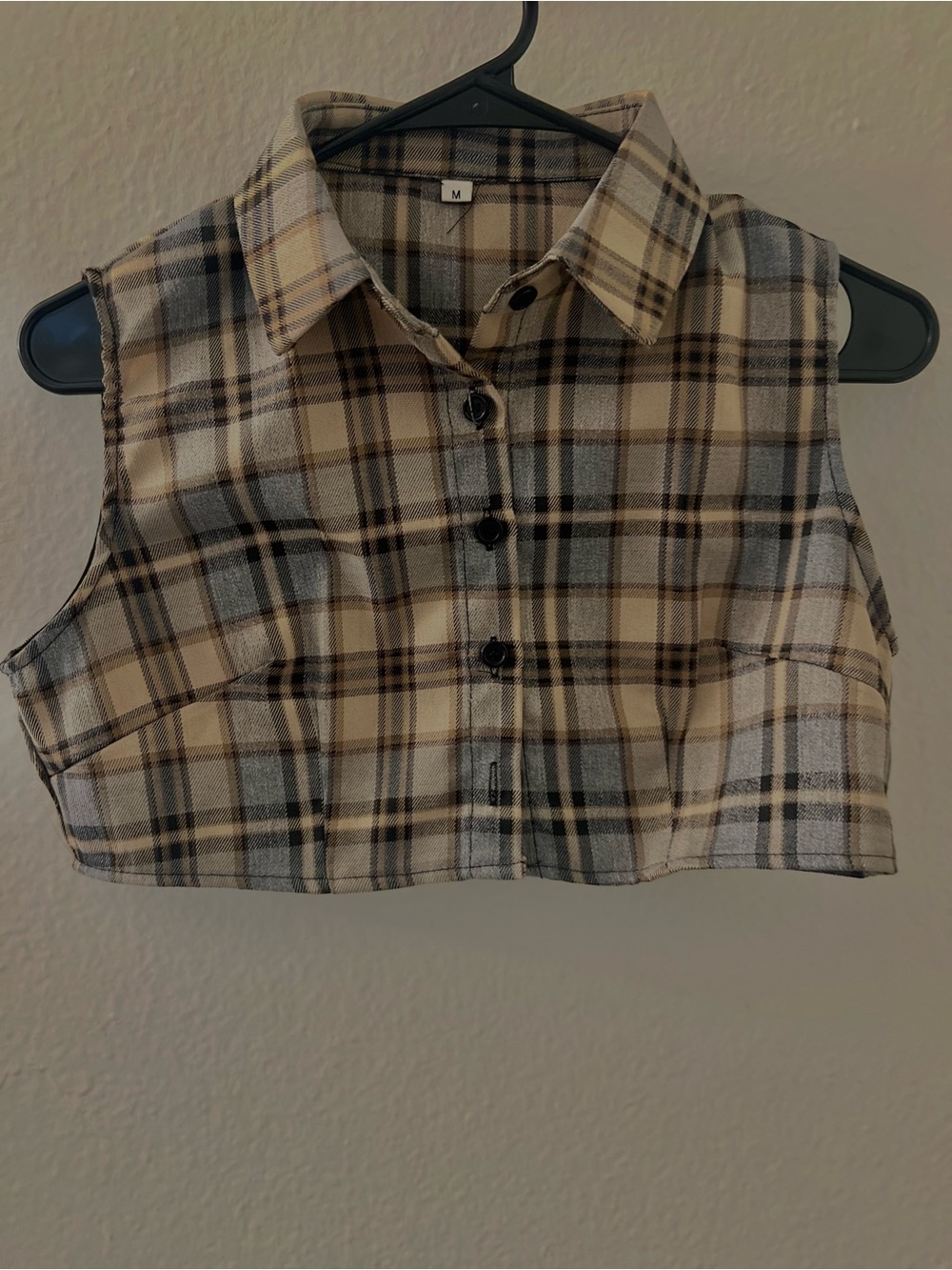 Sleeveless Cropped Plaid Button-Front Top in Beige